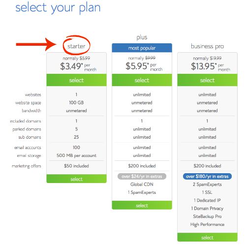 bluehost: select your plan